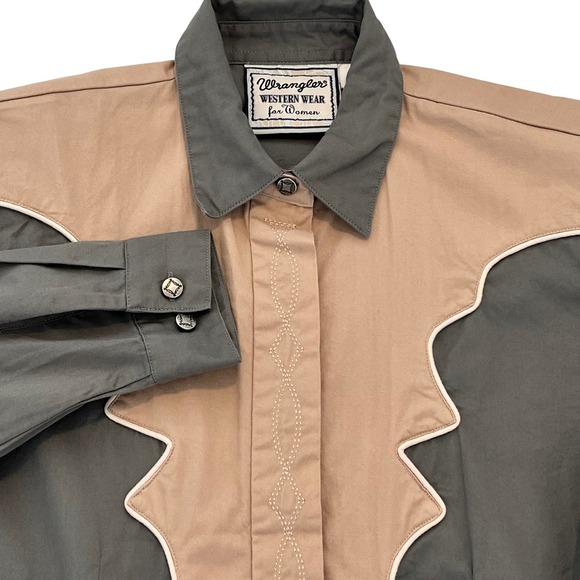 Vintage Wrangler Western Wear for Women Long Sleeve Shirt Gray Pale Pink/Peach M - Picture 1 of 9